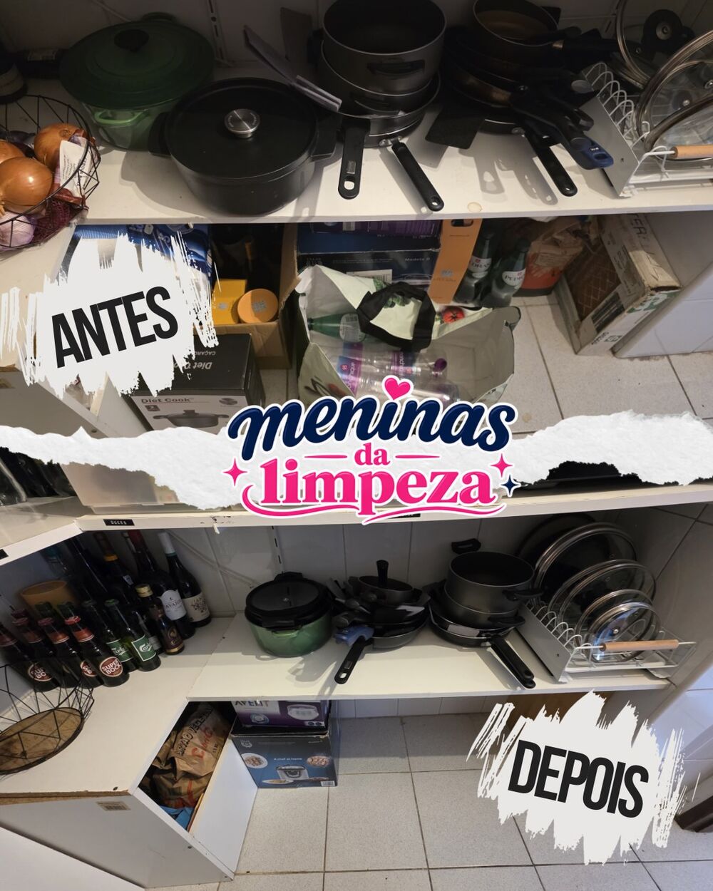 Antes e depois da limpeza e organização de uma despensa de cozinha no Porto, com prateleiras arrumadas no fim