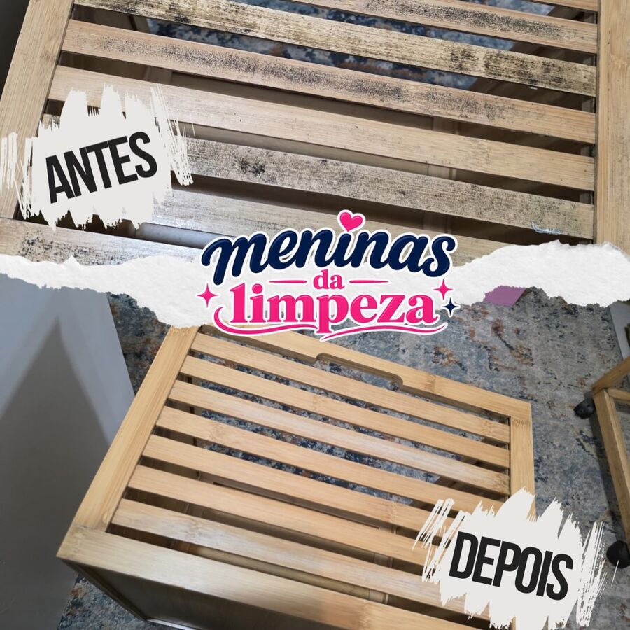 Antes e depois da limpeza profunda de uma estrutura de madeira com ripas, escura e com manchas antes, clara e renovada depois