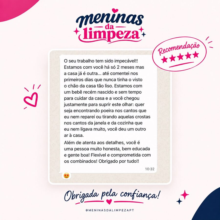 Depoimento de uma cliente de limpeza doméstica no Porto com 5 estrelas, publicado no Instagram das Meninas da Limpeza